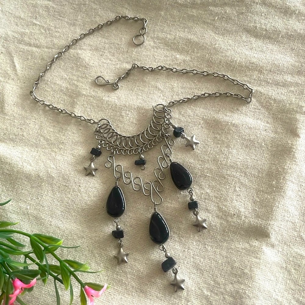 Vintage Whimsigoth Black Teardrop Star Celestial Statement Necklace